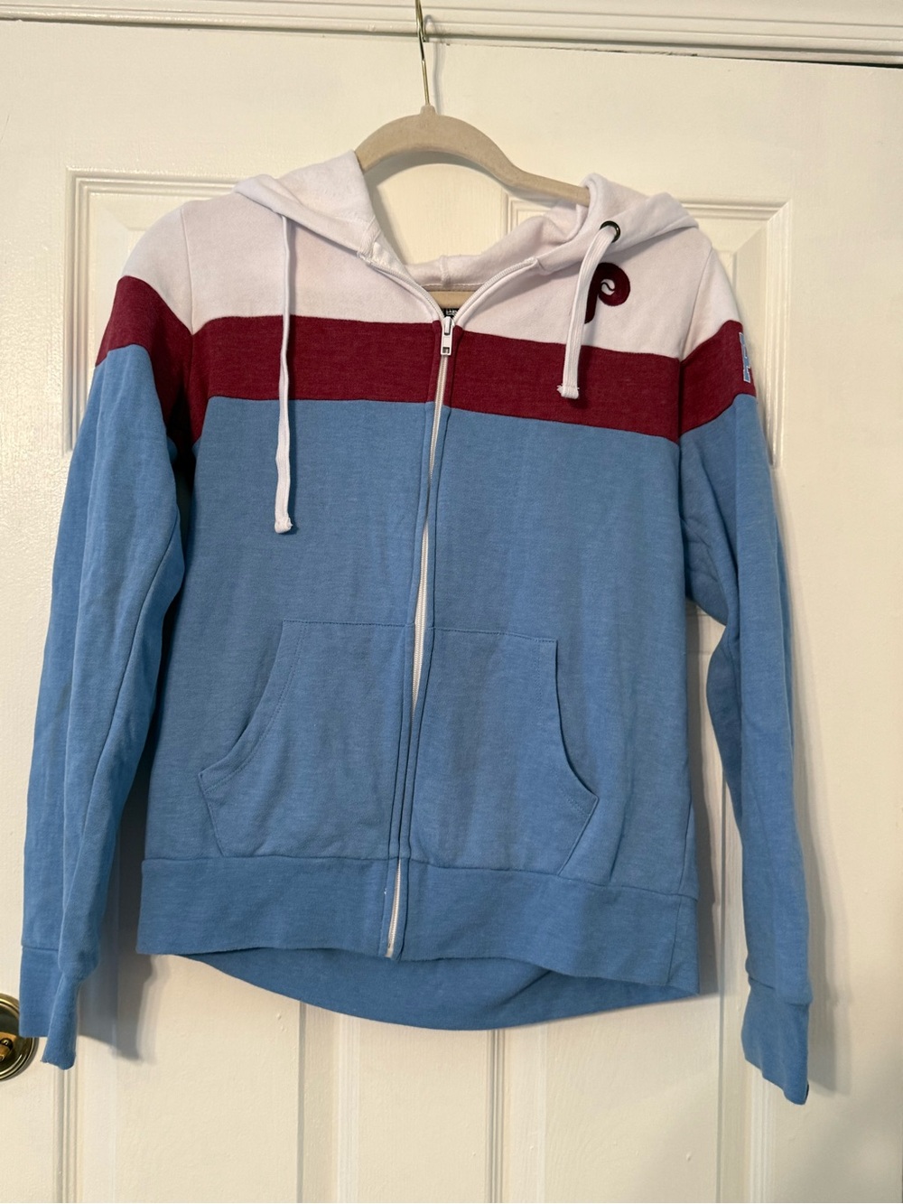 New Era Philadelphia Phillies Light Blue Hoodie with Burgundy Chest Stripe